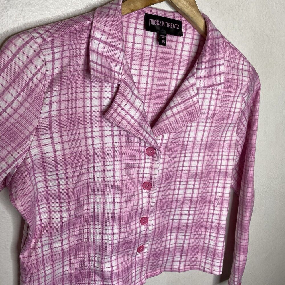 Dolls Kill Tricks N Treatz‎ Pink Plaid Button Up V-Neck Collared Shirt Blazer - Picture 11 of 11